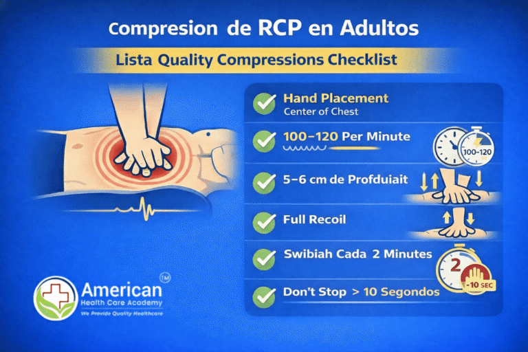 Infographic on adult CPR compressions: hand placement, 100–120 bpm, 5–6 cm depth, full recoil, 2‑minute cycles, don’t stop >10 sec; American Health Care Academy logo.