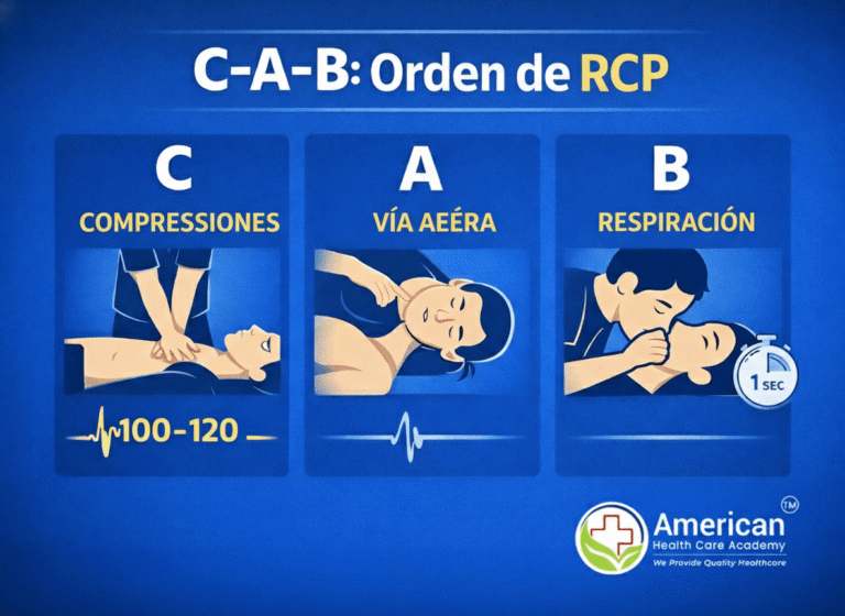 Infografía de RCP en tres pasos: C (Compresiones), A (Vía aérea) y B (Respiración) con ilustraciones y reloj de 1 seg o pulso en fondo azul oscuro.