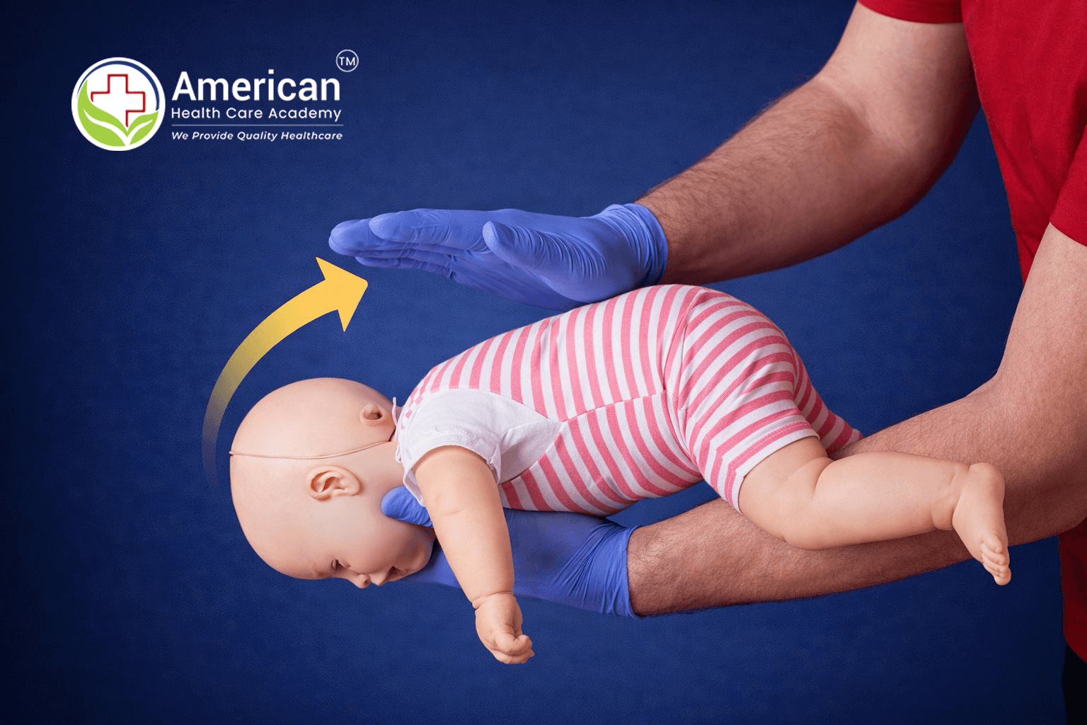 Instructor wearing blue gloves positions a baby mannequin for CPR training against a blue background, with the American Health Care Academy logo in the corner.
