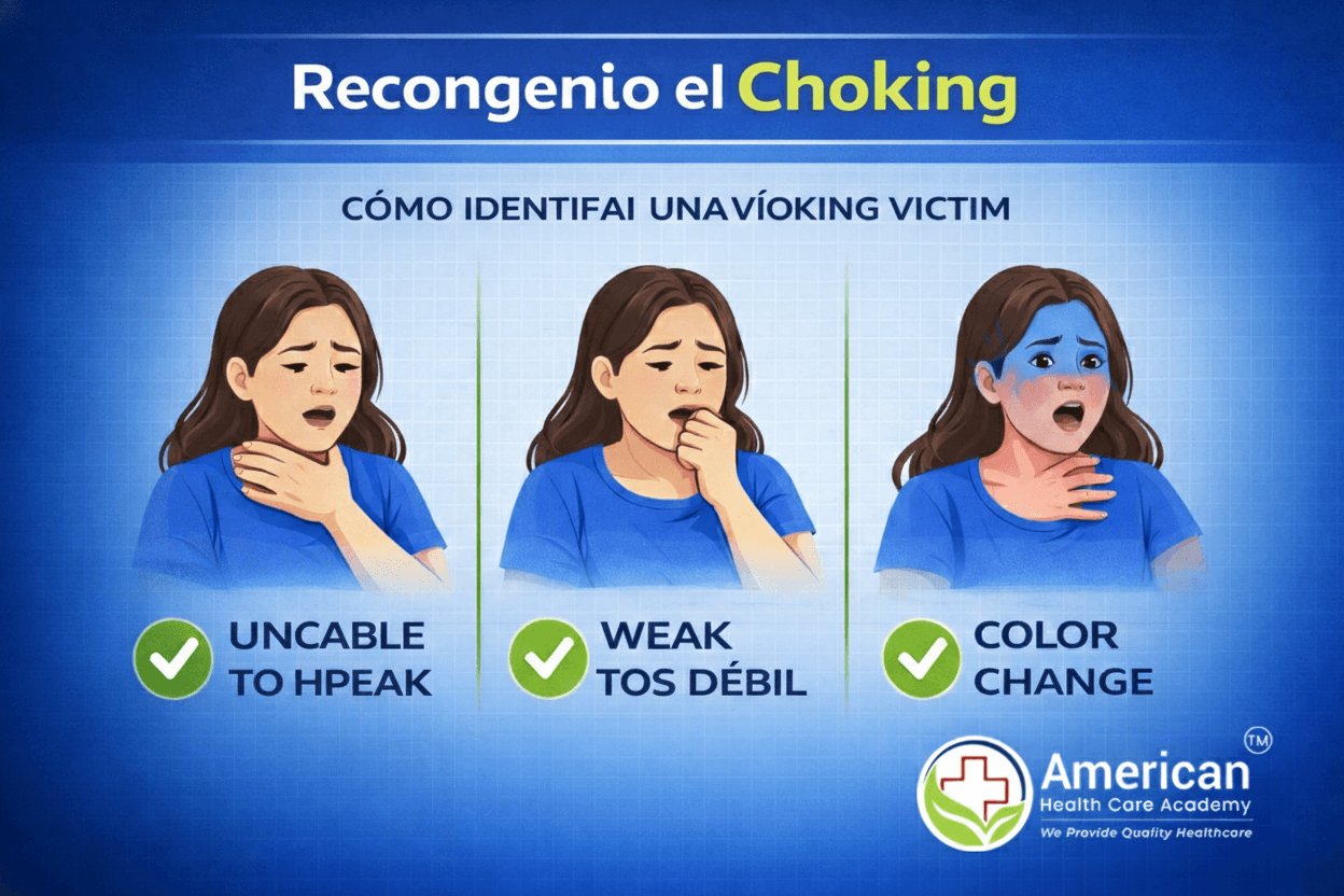 Infographic on recognizing choking, showing three signs: unable to speak, weak cough, and blue color change on the face, each with a green check mark.